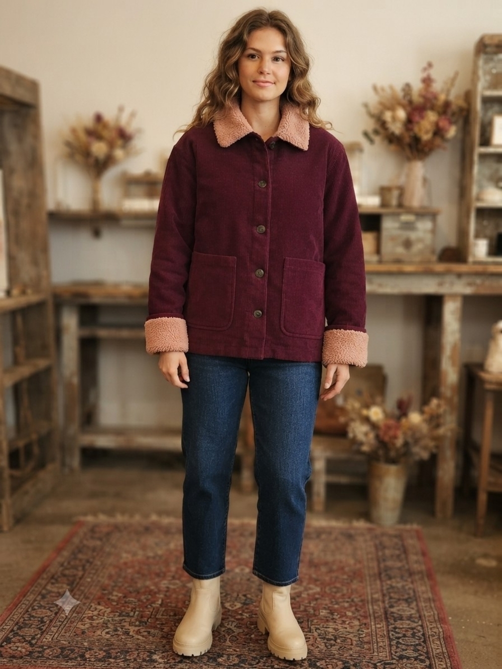 Boston Traders Corduroy Jacket with Contrast Sherpa Trim in Burgundy